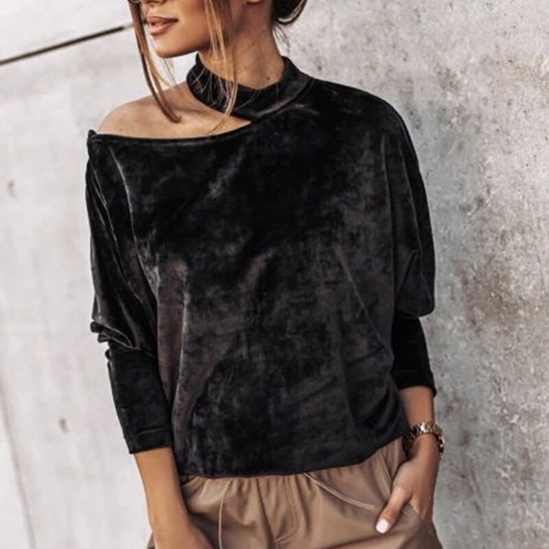 Sexy Off Shoulder Hang Neck Blouse Shirt Batwing Long Sleeve Pullovers Velvet Solid Tops