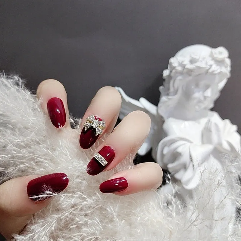 24pcs/set Red Color Short Size Fake Nails Women Fashion Glitter Patch Nail Art Tools Bride Wedding Party Nail Tips With Glue-Nail Inspo