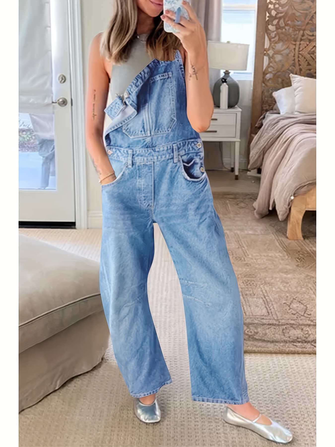 Women's Light Wash Distressed Denim Jumpsuit - Bib Overalls with Adjustable Strap & Wide-Leg Pants, Beltless Design & Pockets | All-Season Casual to Semi-Formal Pantsuit (Machine Washable) | Solid Color Denim Pantsuit with Barrel Leg & Bib Top