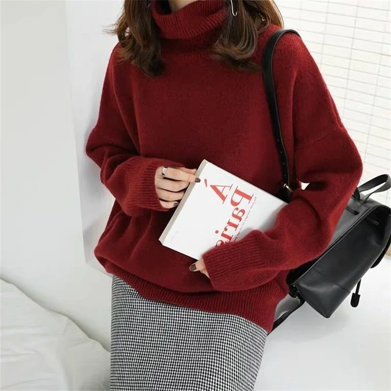 Pongl Winter New Senior Lazy Wind Solid Color Knit Bottom Shirt Show Thin Top High Collar Slip Sweater Women's Wear