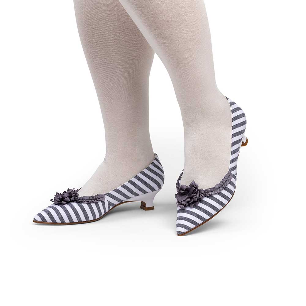 Grey & White Striped Floral Pleated Trim Pointed Toe Low Heel Pumps Nicepairs