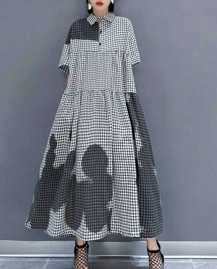 Modern Grey Peter Pan Collar Plaid Holiday shirt Dress Spring