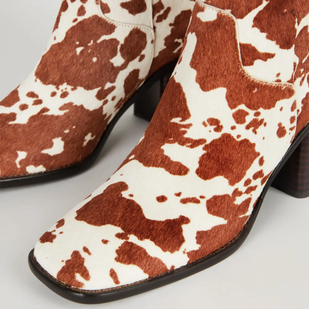White & Tan Square Toe Block Heel Zipper Short Boots for Women
