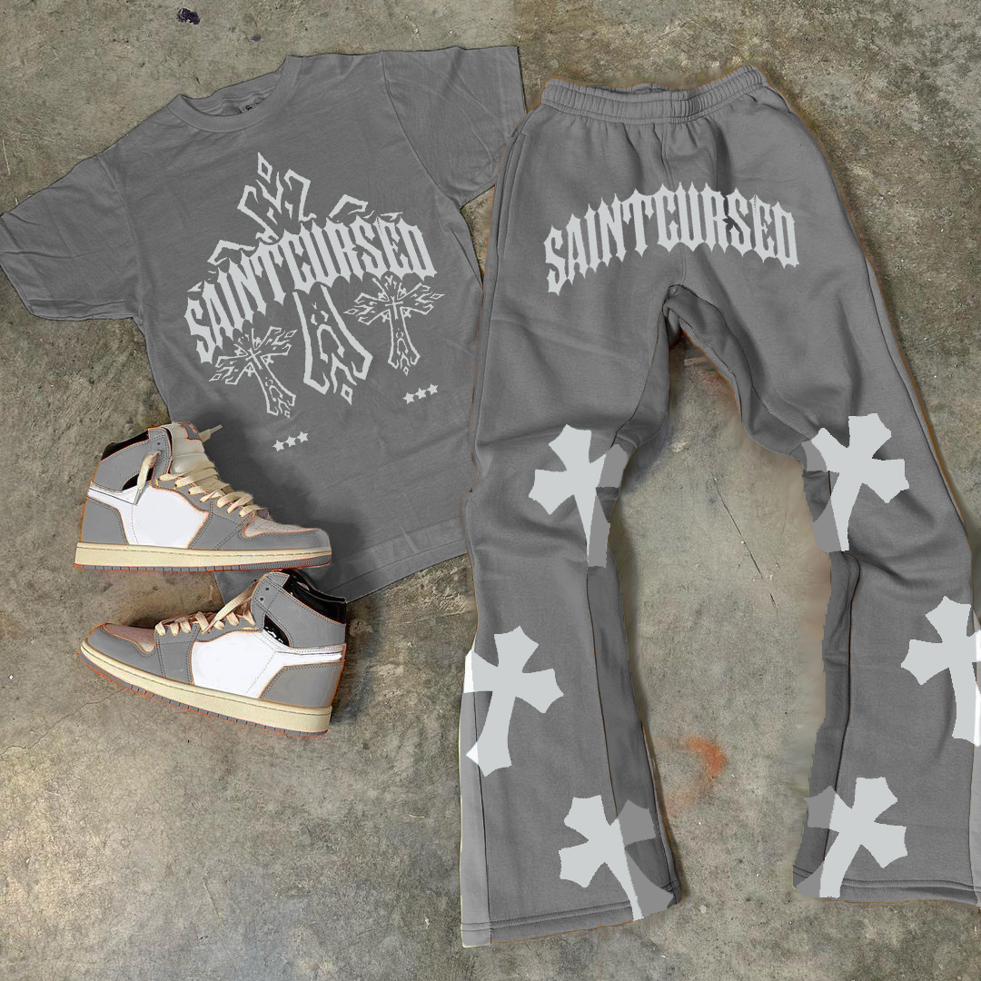 Personalized Saintcursed Print Graphic Short Sleeve Tee & Flared Trousers Two Piece Set