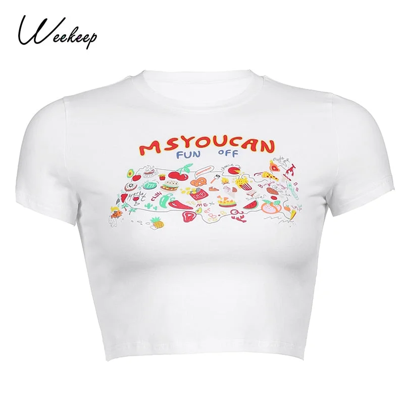 Weekeep Cute Fruit Print T-Shirt Women O Neck Short Sleeve Crop Top Summer Casual Basic White Tee Korean Streetwear New Fashion
