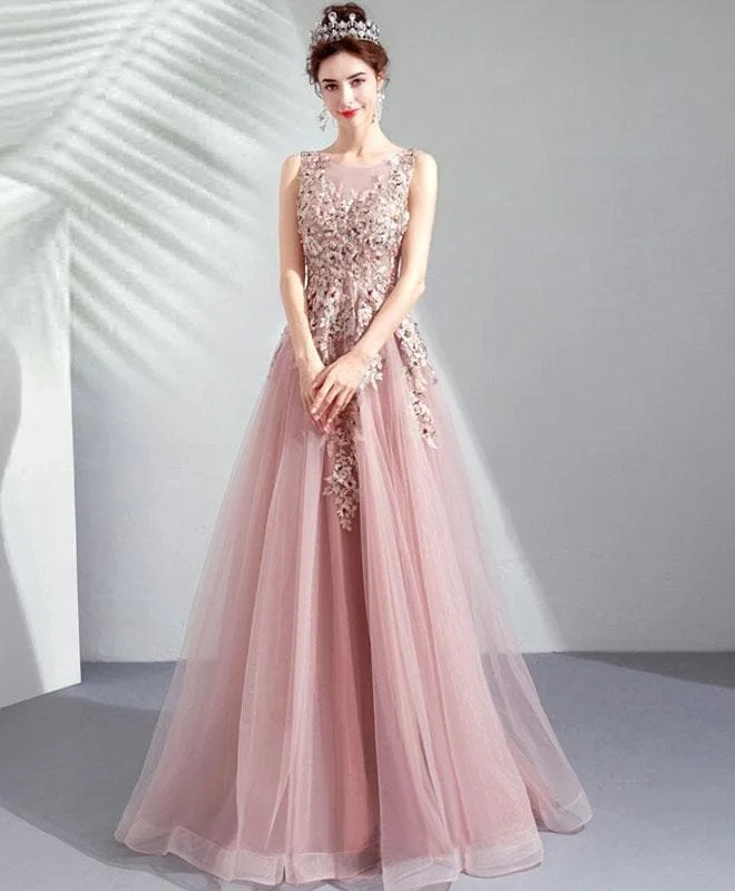 Pink Round Neck Tulle Lace Long Prom Dress, Lace Evening Dress