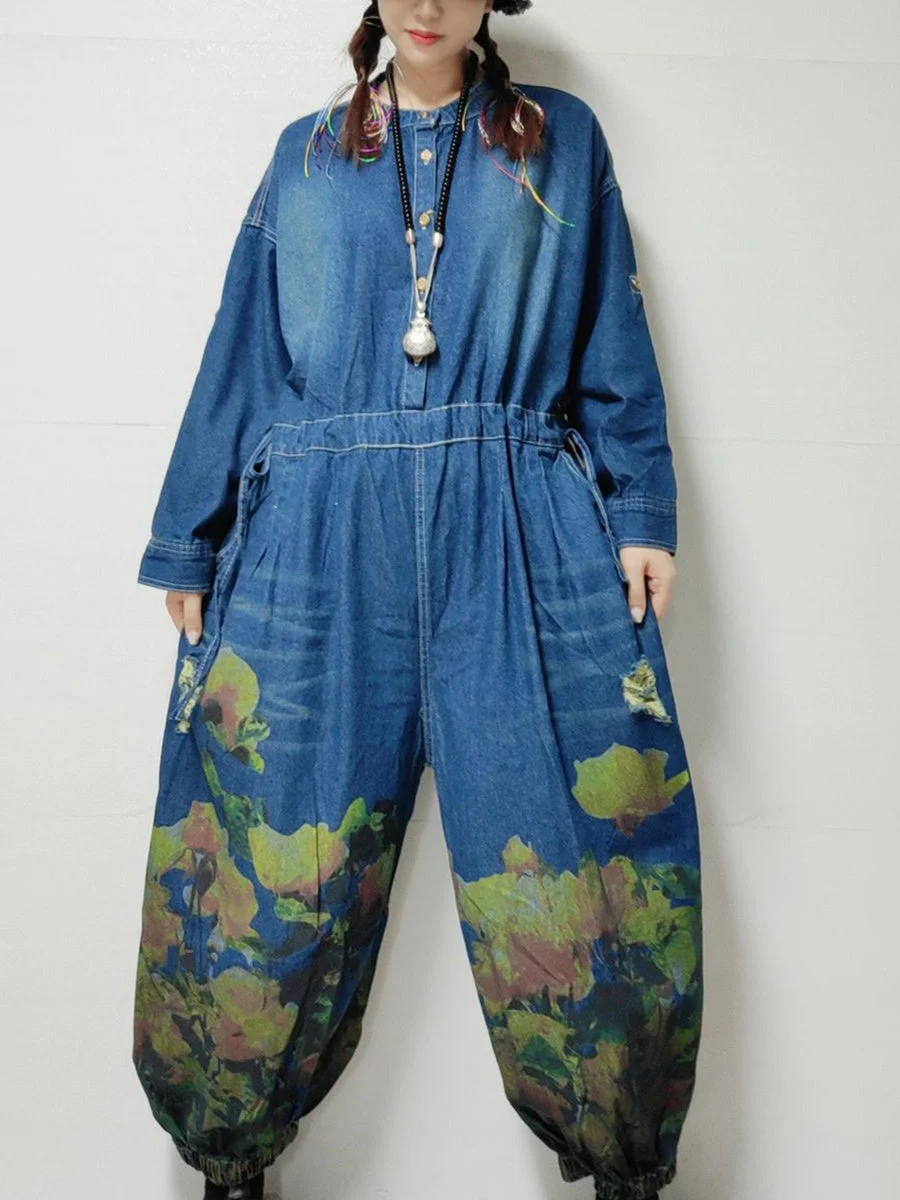 Women's Plus Size Floral Printed Casual Retro Cropped Workwear Denim Overalls Jumpsuit