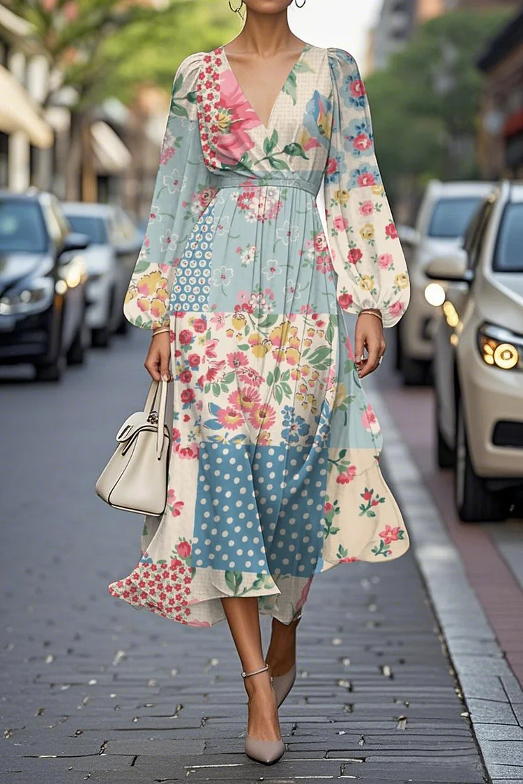 Elegant Floral Print Lantern Sleeve V-Neck A-Line Midi Chiffon Dress