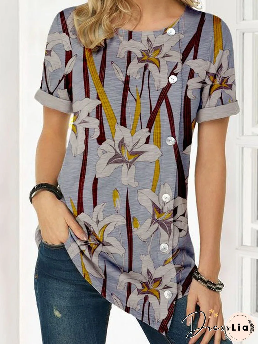 Short Sleeve Crew Neck Vintage Cotton-Blend T-shirt