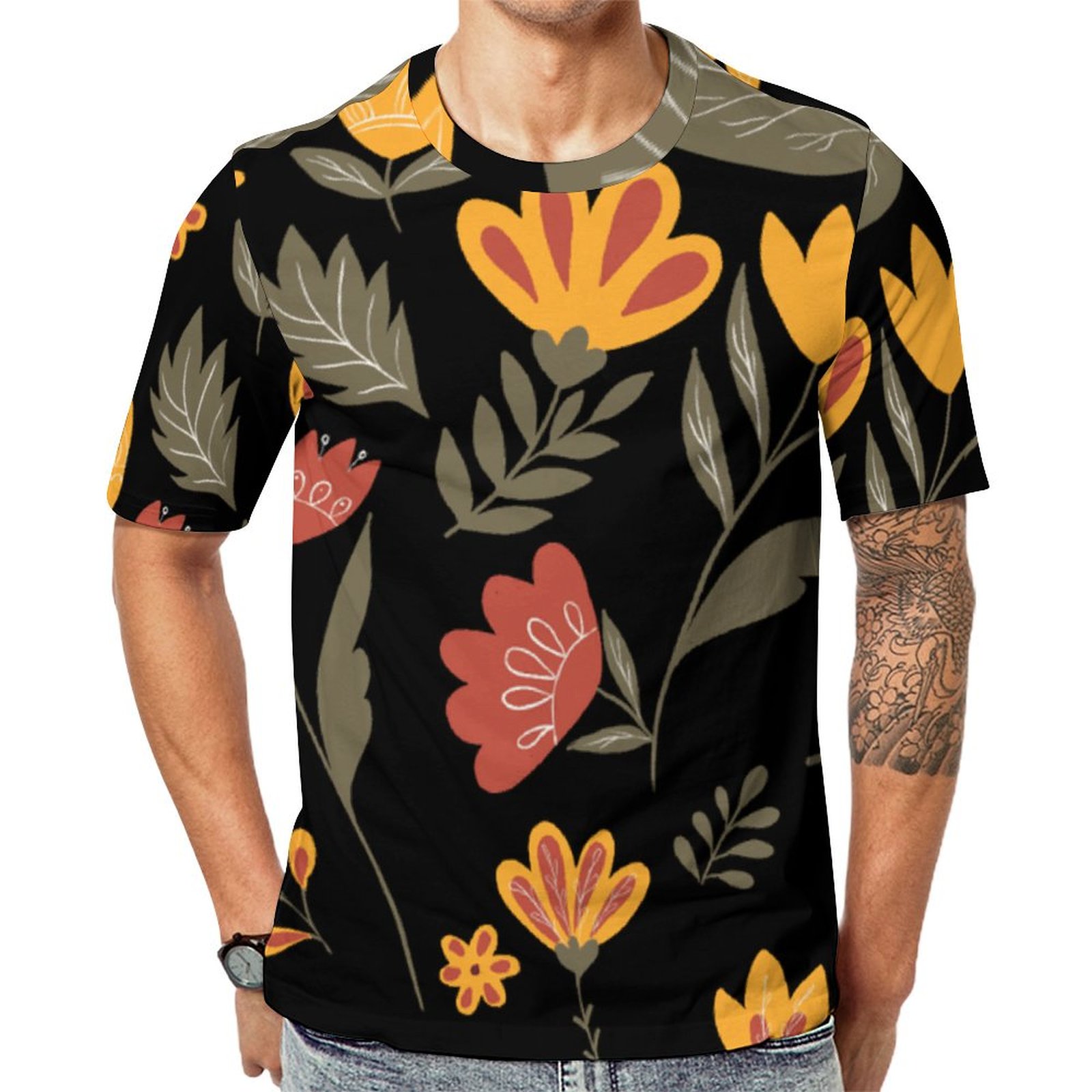Rust Gold &Green Flowers Birds On Black Short Sleeve Print Unisex Tshirt Summer Casual Tees for Men and Women Coolcoshirts