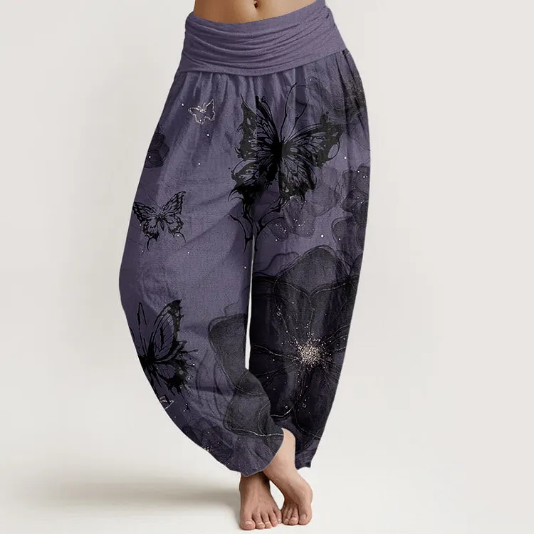 Pure Cotton Butterfly Flowers Pattern Women's Elastic Waist Harem Pants