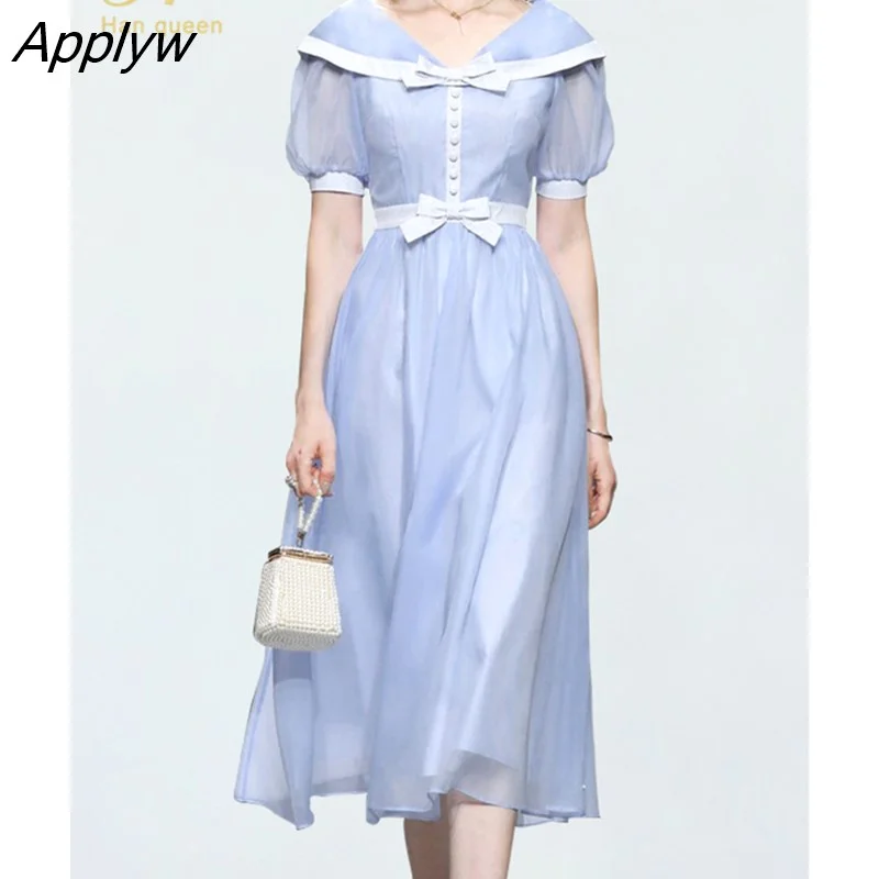 Applyw Han Queen Elegant Color Matching Office Dress Women Summer Simple Basic A-Line Dresses Slim Mid-Calf Casual Party Yarn Vestido