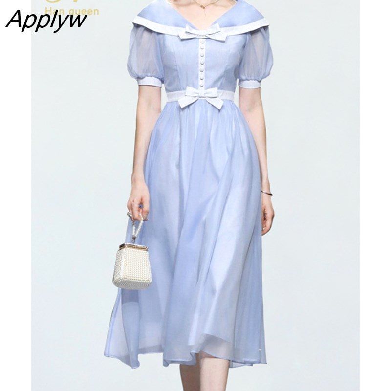 Applyw Han Queen Elegant Color Matching Office Dress Women Summer Simple Basic A-Line Dresses Slim Mid-Calf Casual Party Yarn Vestido