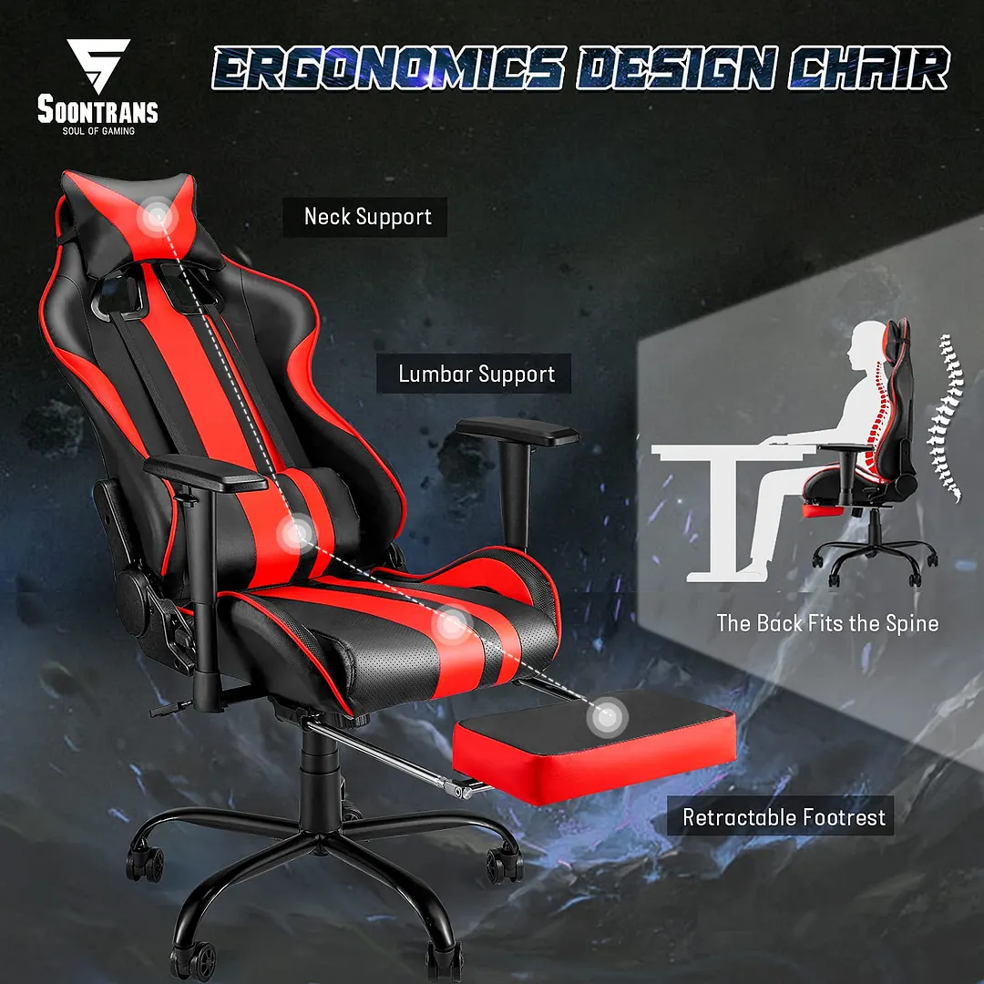  180&deg; Tiltable PU Leather with Footrest Height Adjustable Armrests, Headrest and Lumbar Support Computer Chair