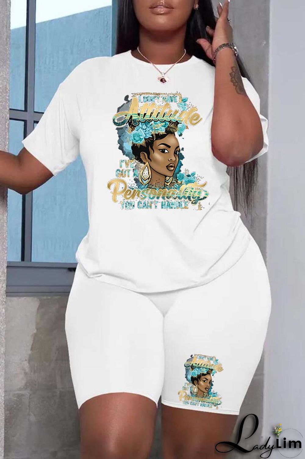 Black Fashion Casual Print Patchwork O Neck Short Sleeve Plus Size Two Pieces