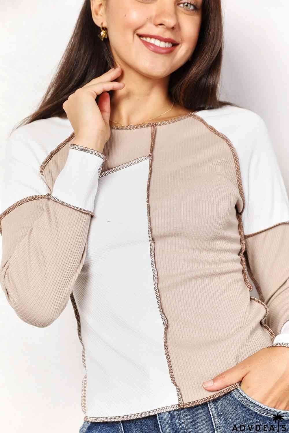 Double Take Color Block Exposed Seam Top