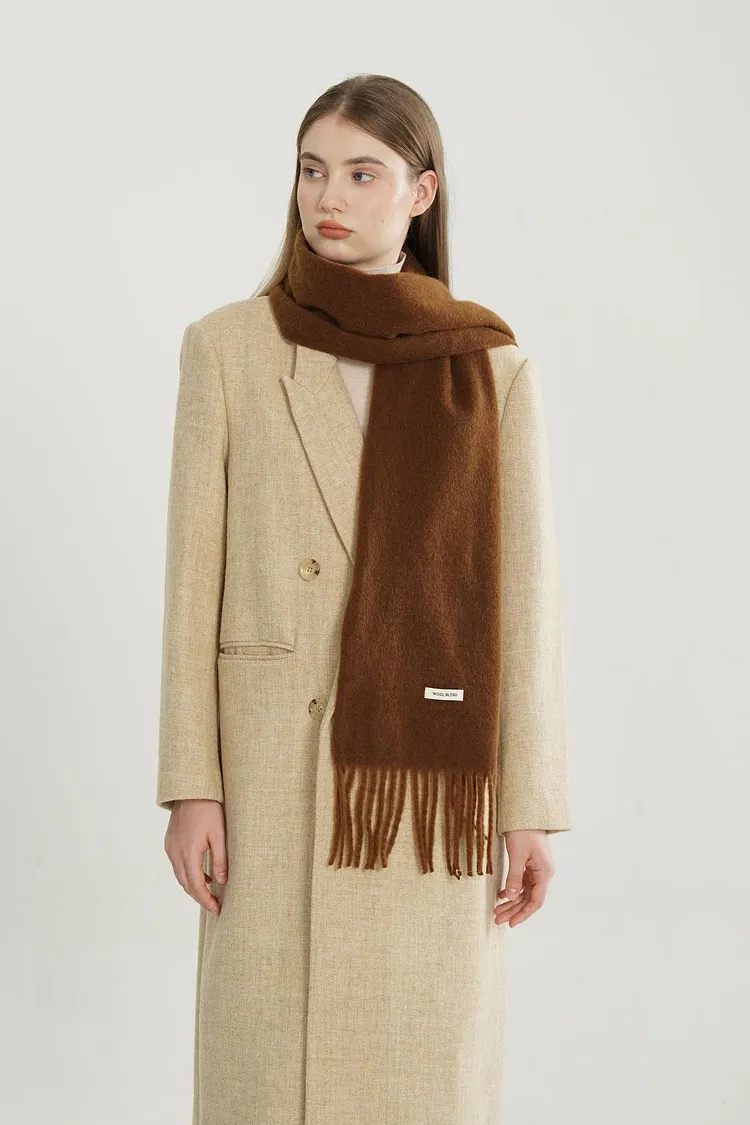 Wool Blend Minimalist Solid Woven Fringed Scarf