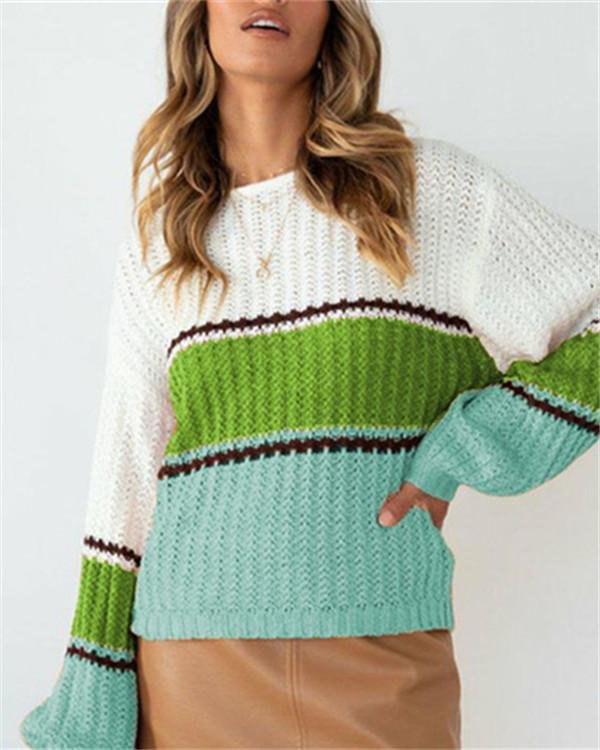 Round Neck Hollow Loose Color Stitching Long Sleeve Knitted Sweater - Chicaggo