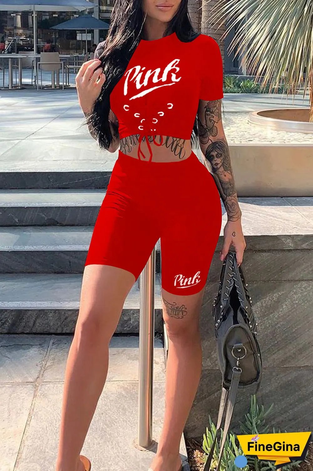 Black Casual Sportswear Print Bandage Patchwork O Neck Short Sleeve Two Pieces