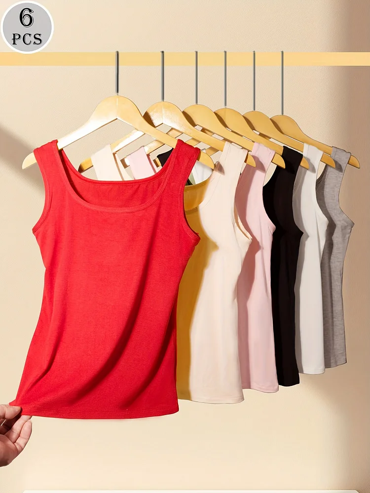6pcs Women's Slim Fit Sleeveless Tank Tops - Summer Casual Solid Color Tops With Multi-Color Options, Versatile Layering Essentials For Casual Attire, Summer Tank To
