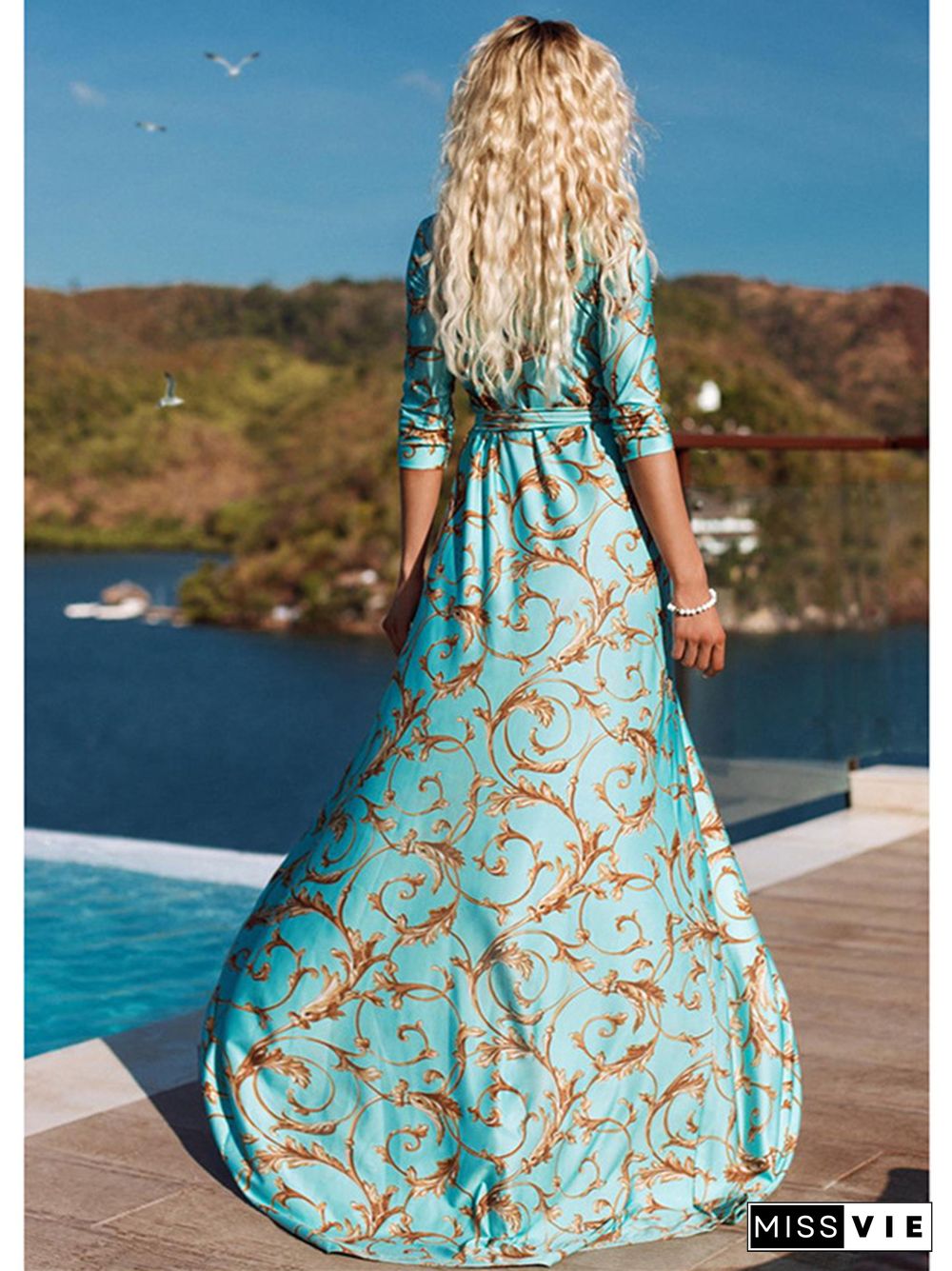 Printed Slim V-neck Long Dress