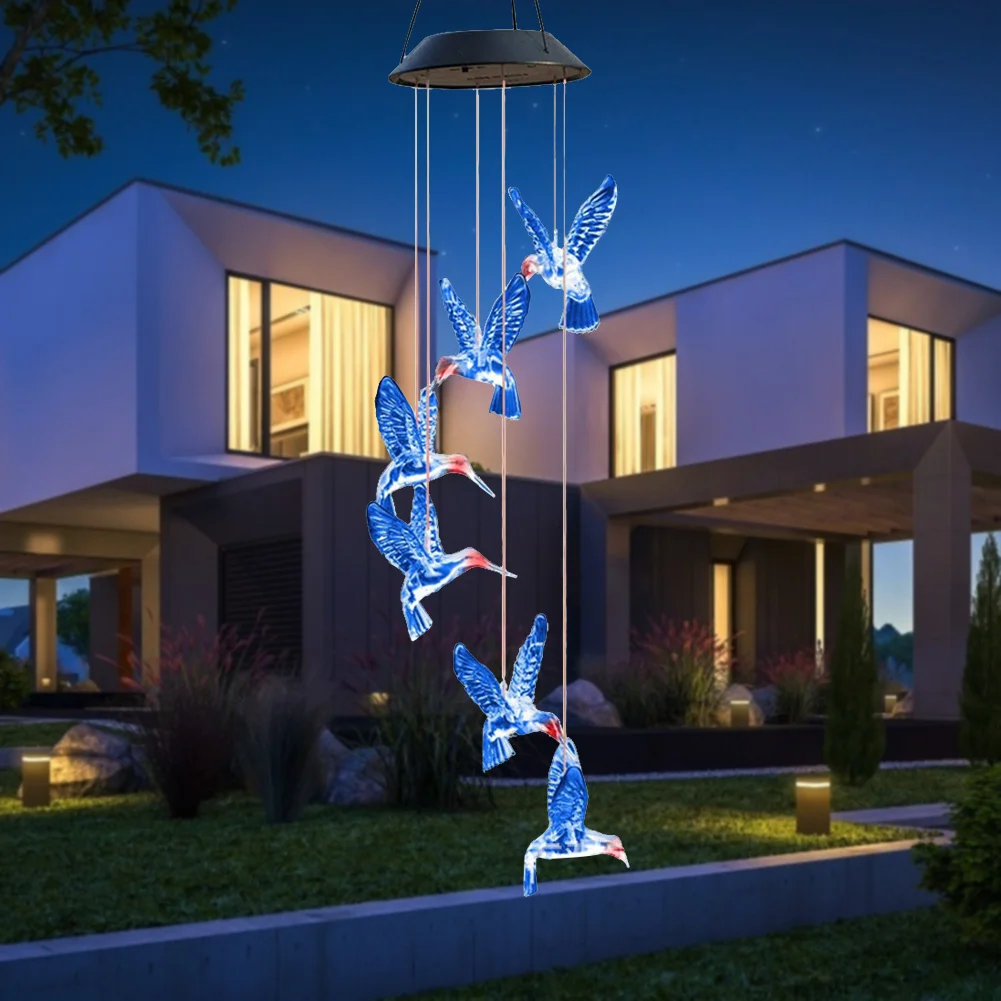 Solar LED Color Changing Wind Chime Lamps Hummingbird Pendant Lights (A)