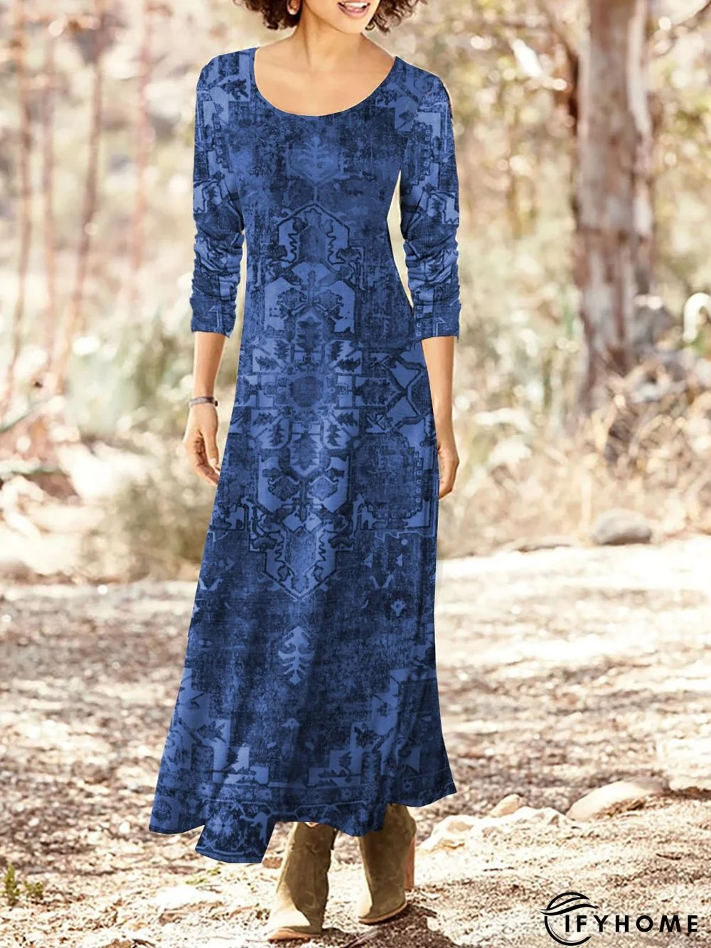 Jersey Ethnic Printed Crew Neck Long Dress | IFYHOME