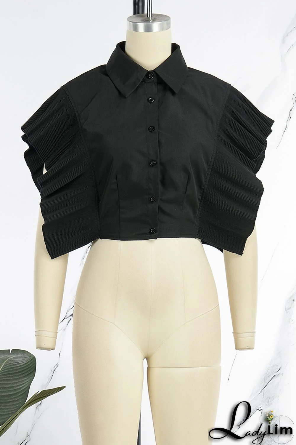 Rose Red Casual Solid Patchwork Buckle Flounce Turndown Collar Tops