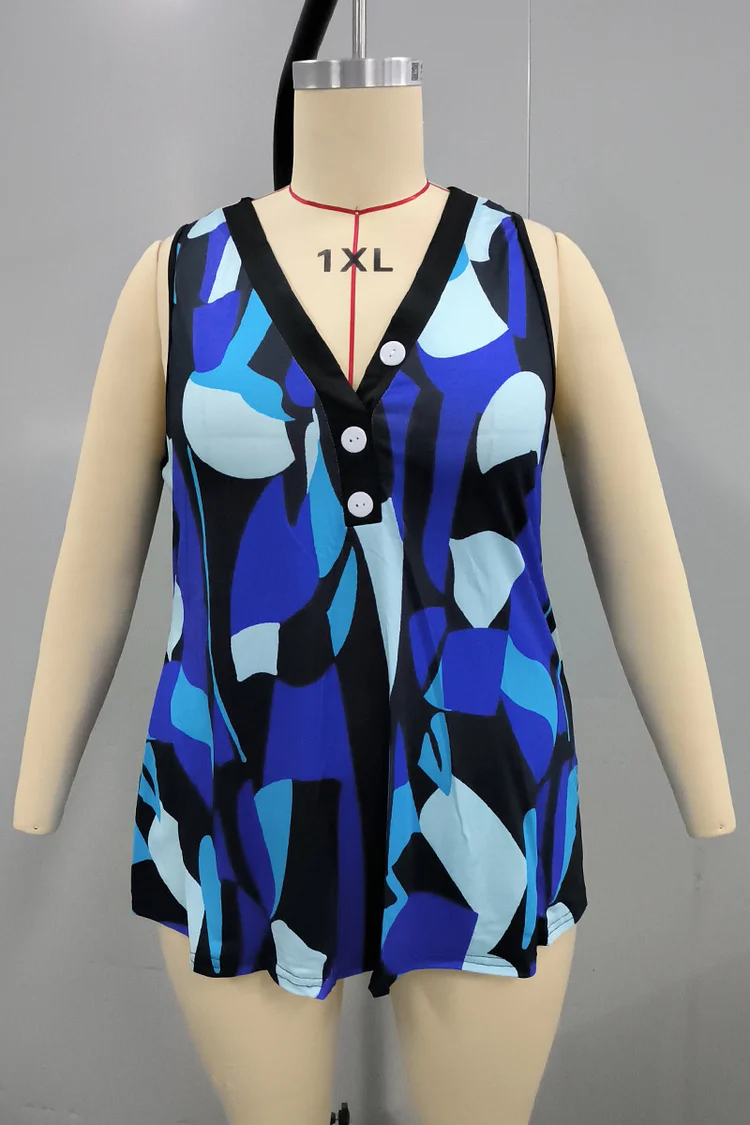 Plus Size Colorblock Print Decorative Button V Neck Tank Top  Flycurvy [product_label]