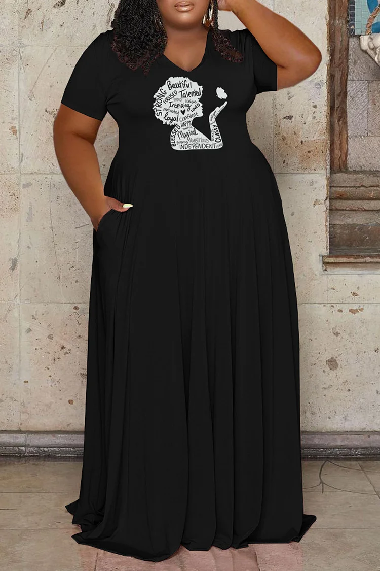 Plus Size Black Daily Letter Print Pleated Maxi Dress