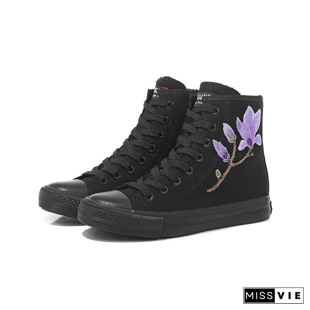 Vintage Blossom Embroidery Lace Up Zipper Canvas Shoes
