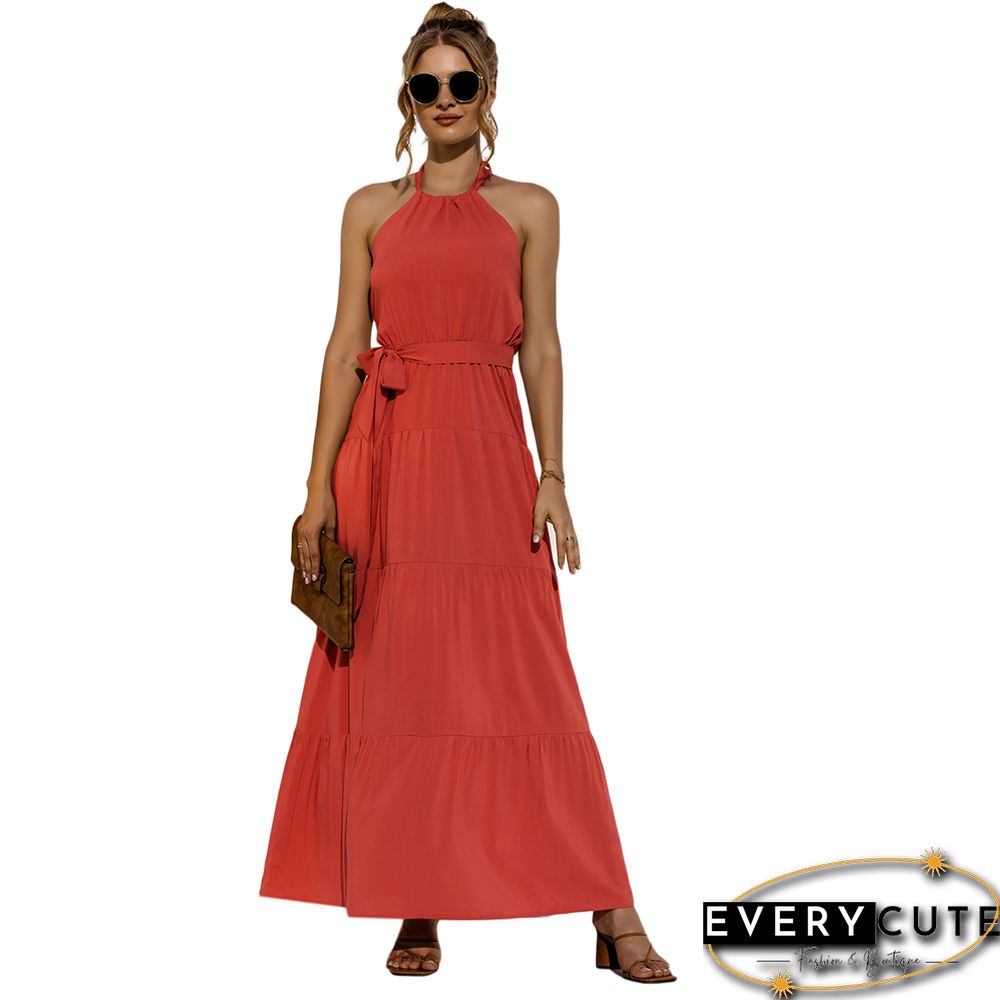 Orange Open Back Tie Waist Halter Maxi Dress