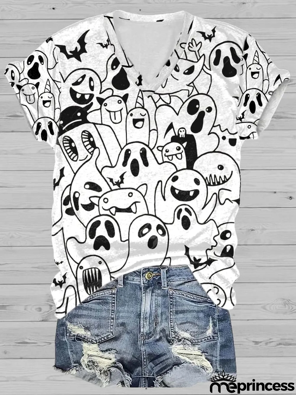 Women's Ghost Art Print Casual V-Neck Short Sleeve T-Shirt