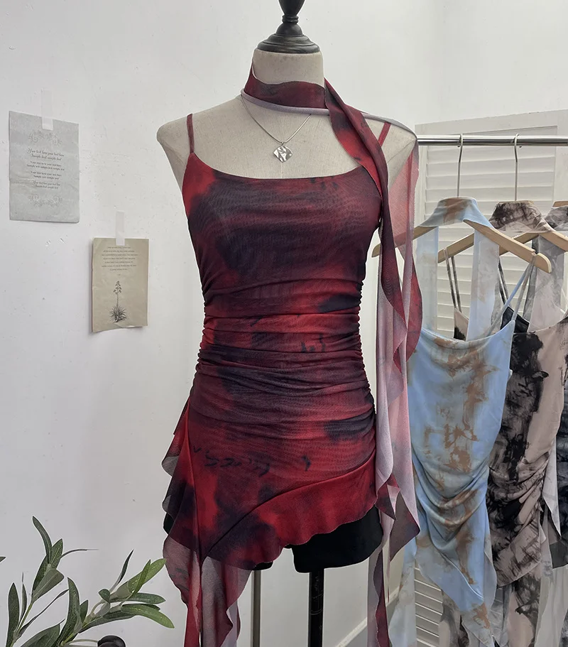 Zingj Spice Girls Irregularly Designed Lotus Leaf Edge Ribbon Sling Vest Tie Mesh Folding Top 9962