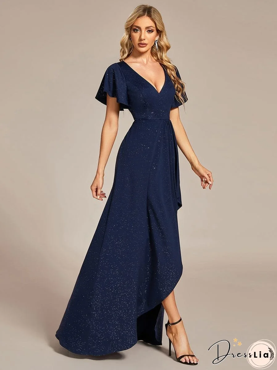 Ruffled Sleeve Tea Length Evening Dress with Side Split