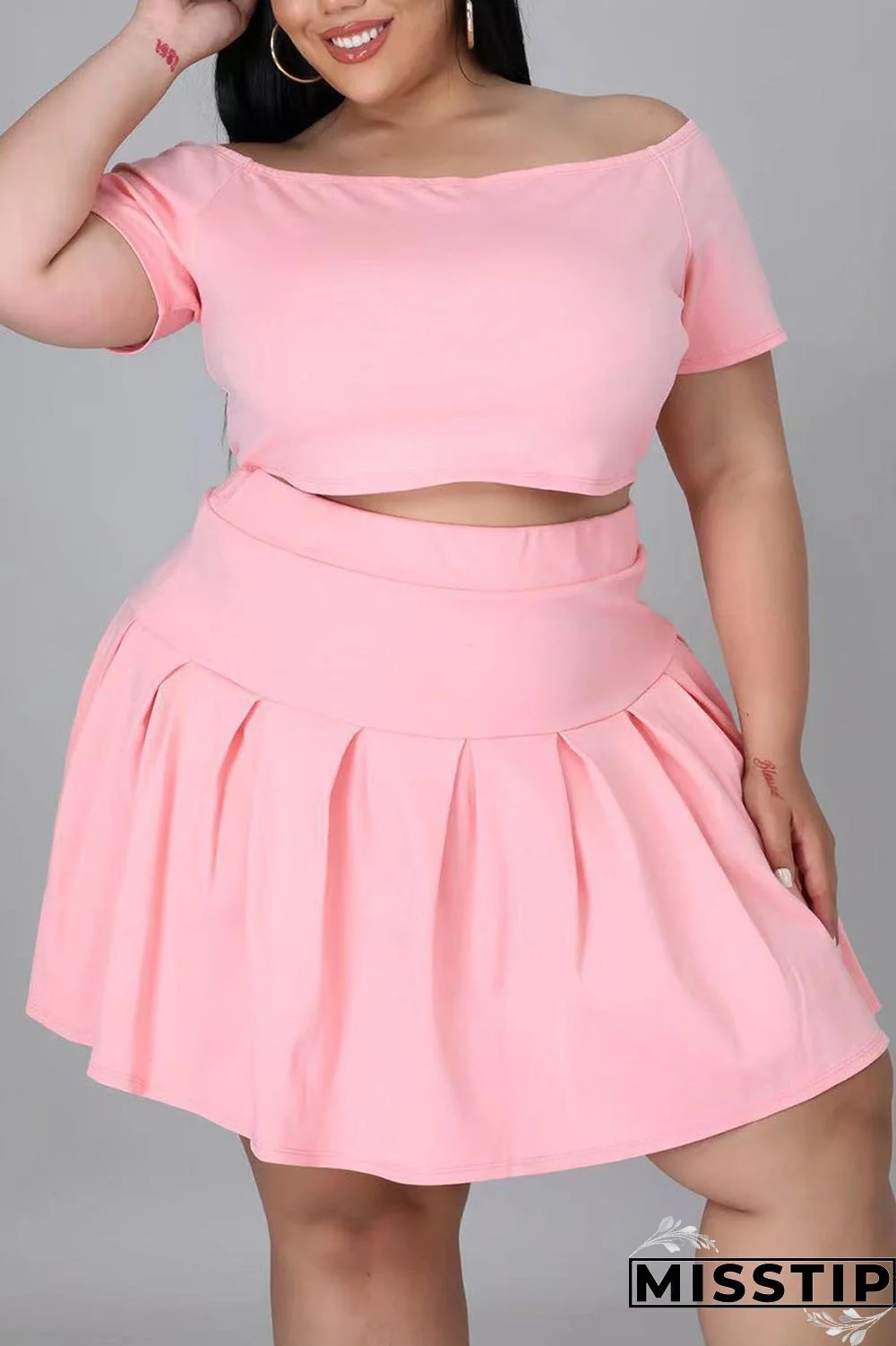 Black Casual Solid Patchwork Off the Shoulder A Line Plus Size Two Pieces