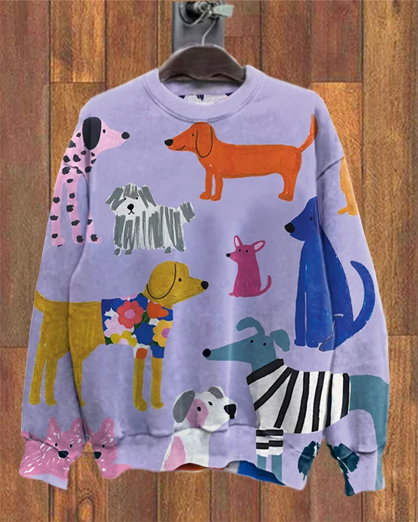 Colorful Cartoon Dog Print Loose Sweatshirt