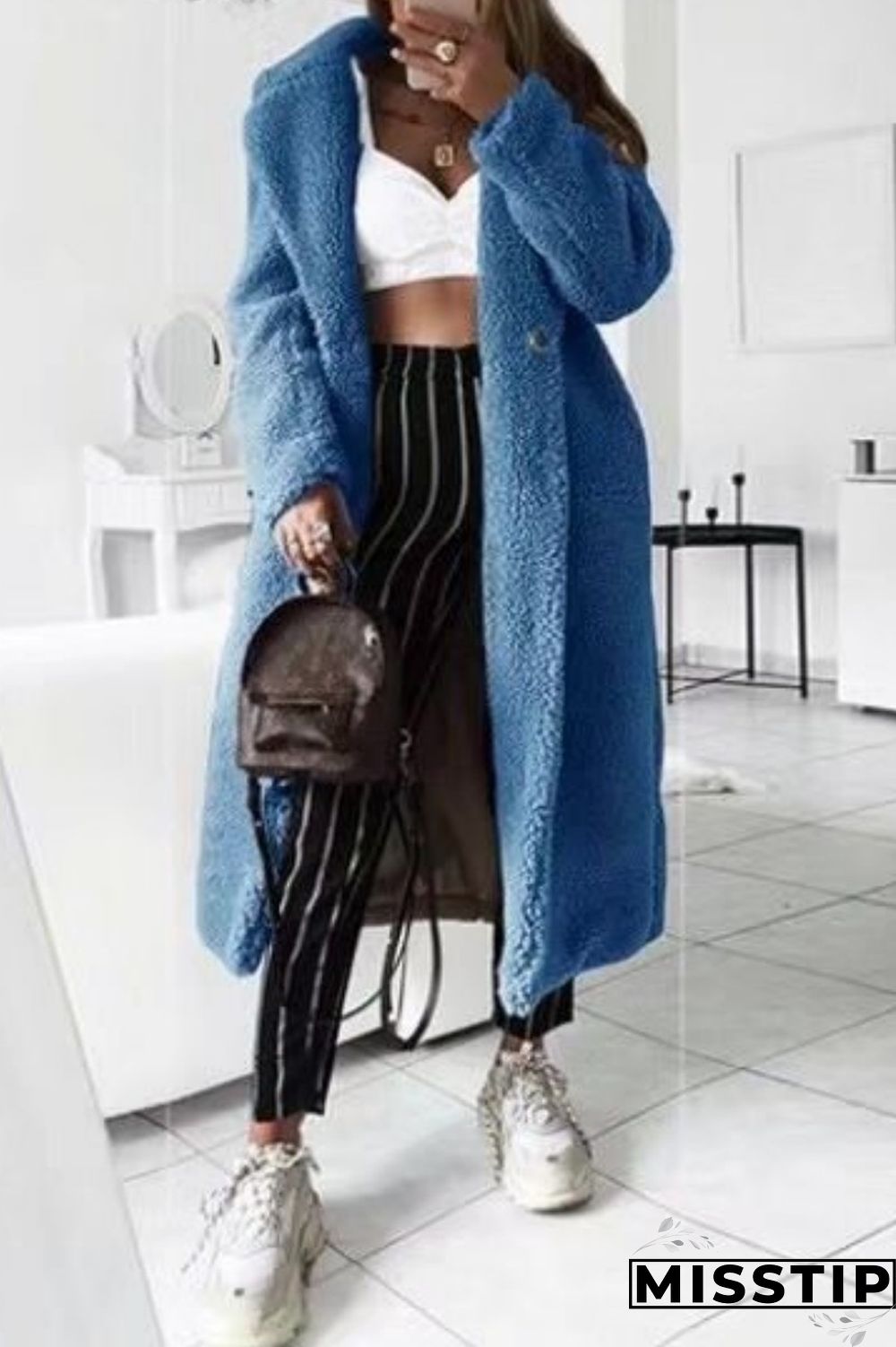 Blue Casual Solid Cardigan Turndown Collar Outerwear
