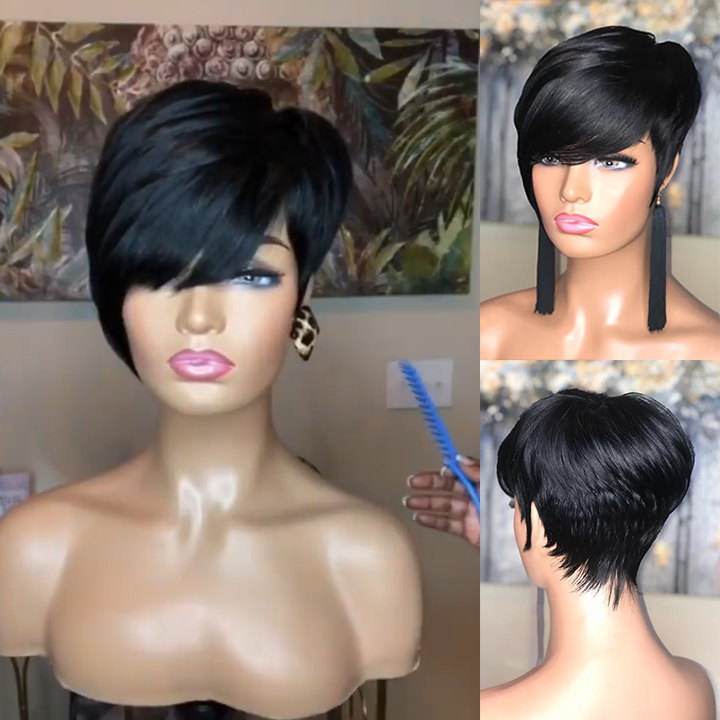 🔥Hot| Glueless Lace Pixie Cut Short Bob Hair Wig with Oblique Bangs Natural Cute Straight Wigs US Mall Lifes