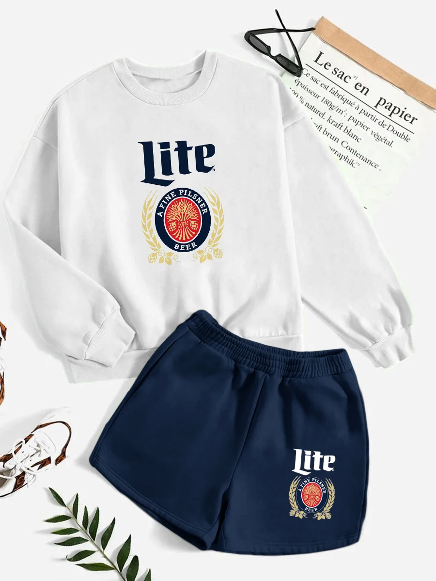 Sports Cute Drinking Long Sleeve Hoodie Shorts Navy Blue Set