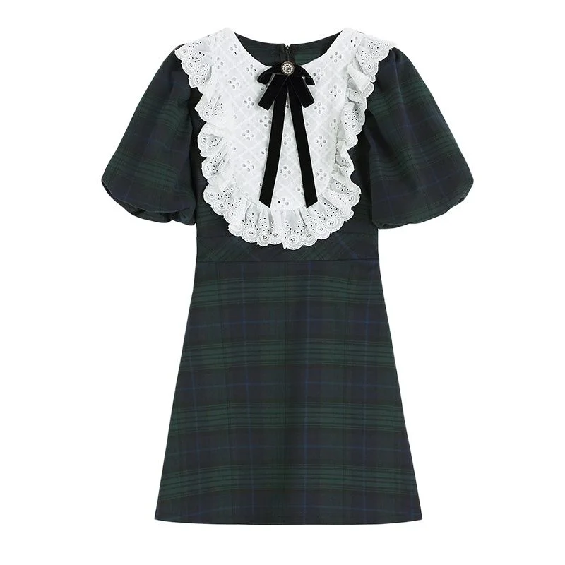 Women&#39;s Plaid Dress Vintage Round Neck Bow-Knot Puff Short Sleeve Casual Fashion High Waist Baggy Short Skirt Ladies Summer