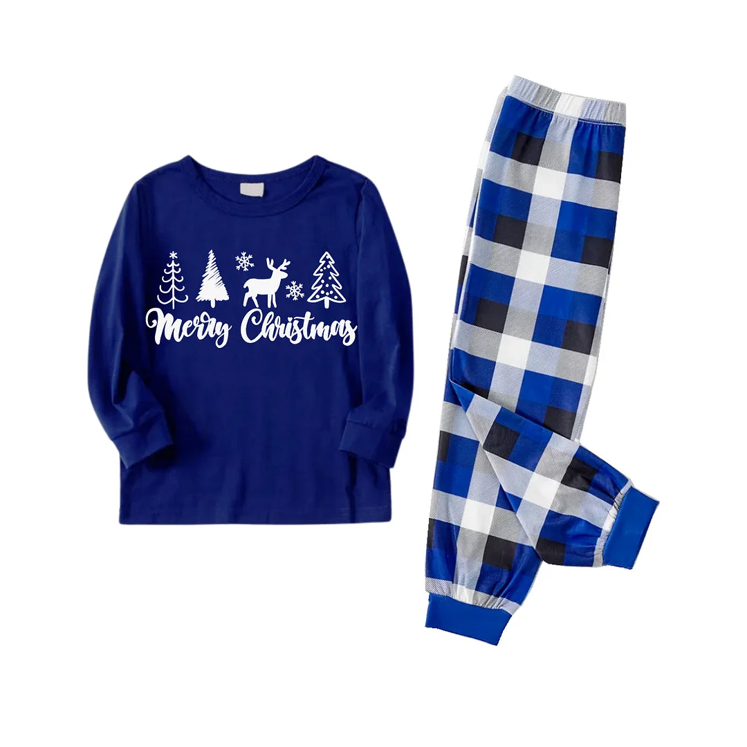 White Christmas Tree and Elk "Merry Christmas" Monogram Print 2024 Blue Long Sleeves with Blue&White&Black Plaid Pants Family Matching Pajamas
