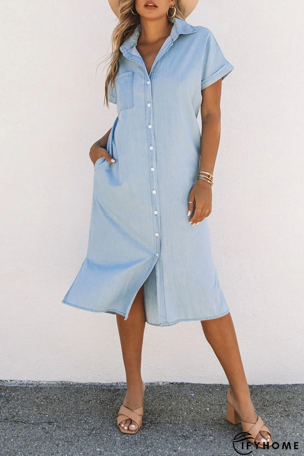 Sky Blue Chambray Shirt Short Sleeves Midi Dress | IFYHOME