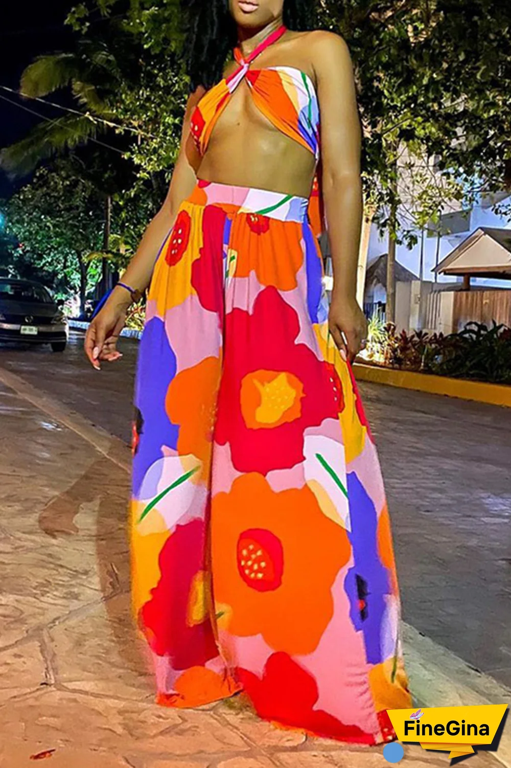 Sexy Print Split Joint Off The Shoulder Sleeveless Two Pieces