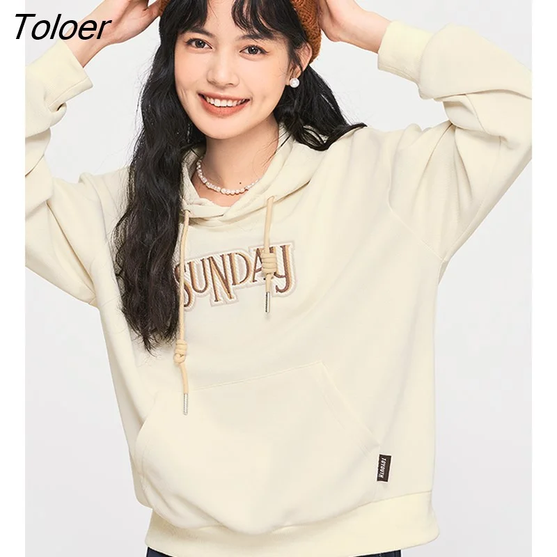 Toloer Women Sweatshirts 2022 Autumn Long Sleeve O Neck Loose Hoodies with Pocket Letter Print Casual Streetwear Pullover