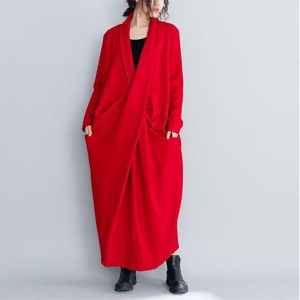 2019 Fashion Vintage Loose Red And Black Wool Maxi Dresses For Women