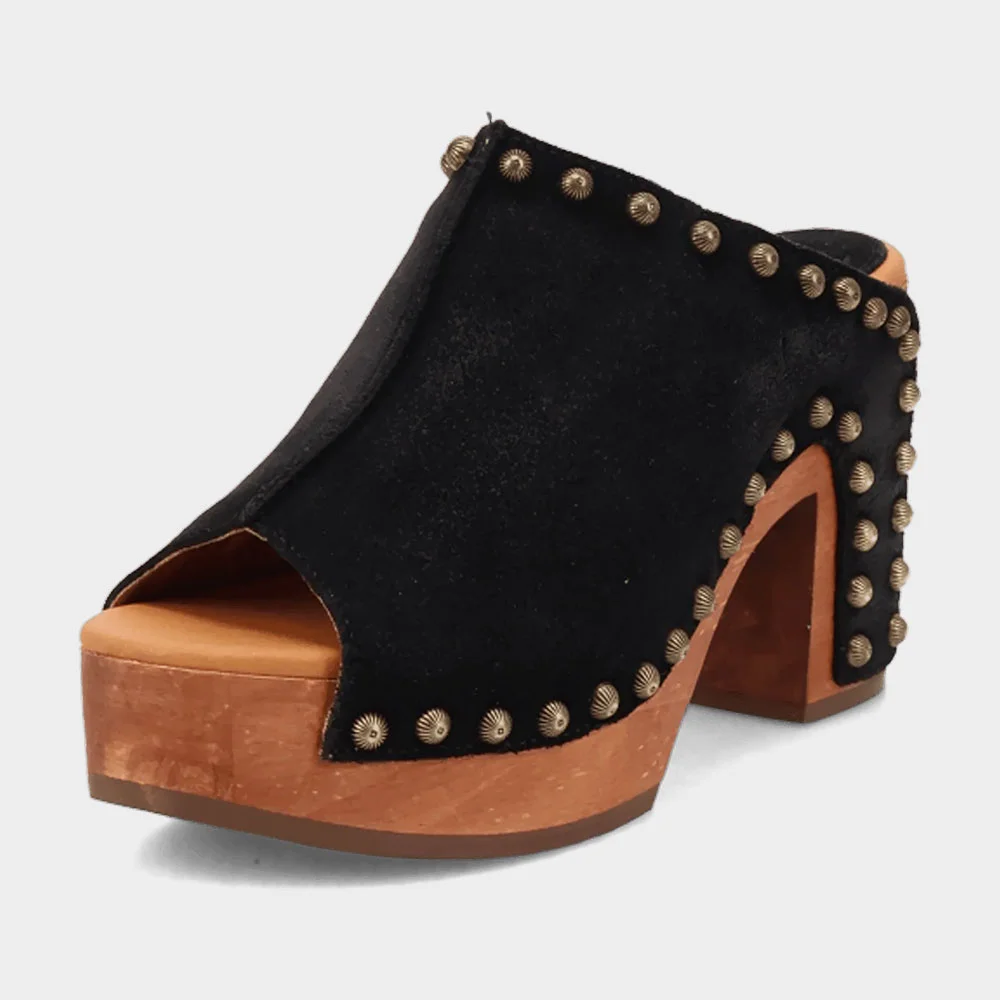 Black Peep Toe Block Heel Studded Clogs Platform Mules Sandals