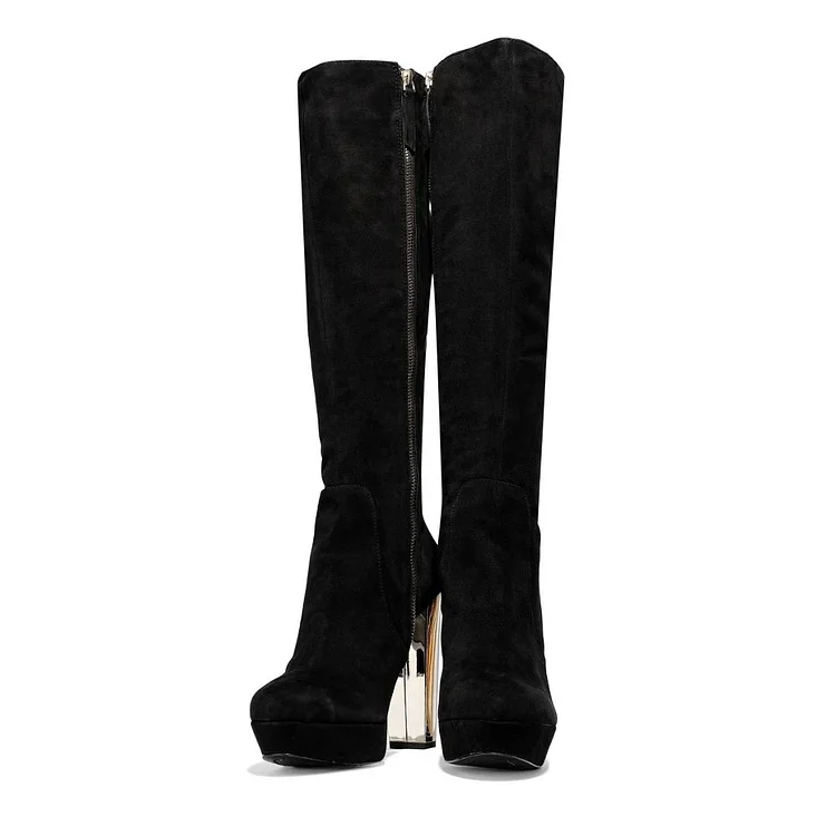 Black Vegan Suede Boots Platform Chunky Heel Knee High Boots |FSJ Shoes