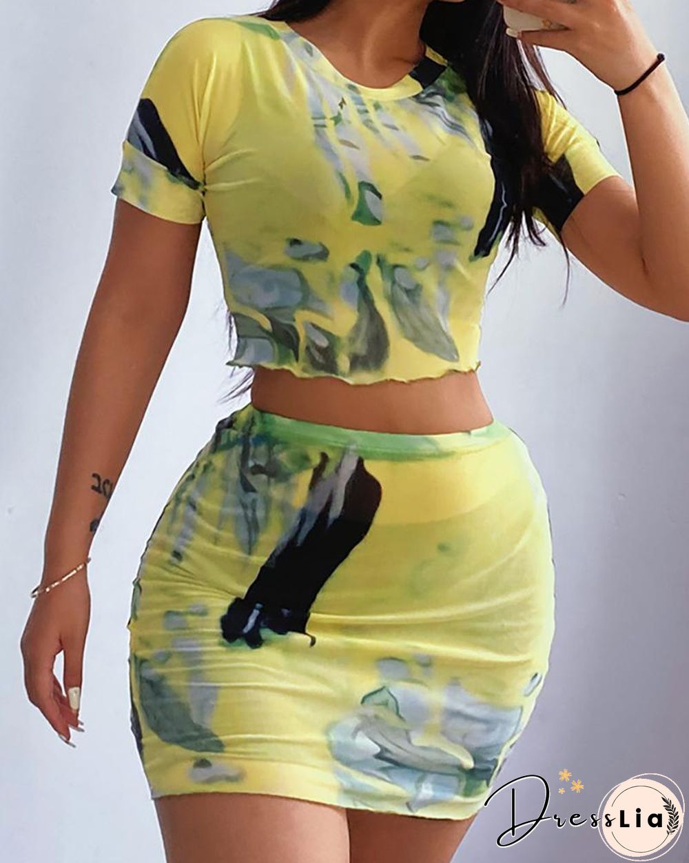 Graphic Print Crop Top & Skirt Sets