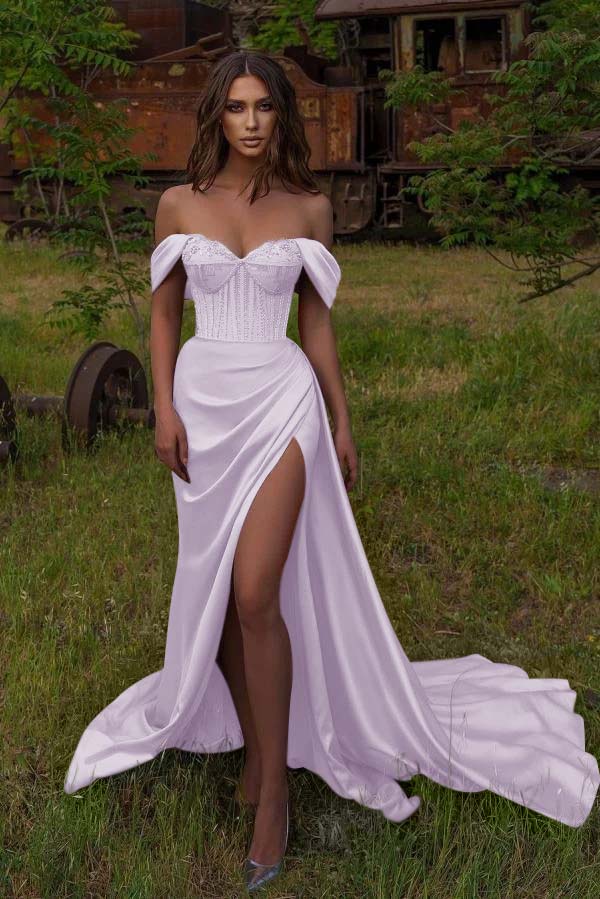 Daisda Mermaid Off-the-Shoulder Beadings Sweetheart Prom Dress Slit